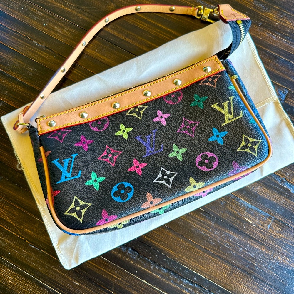 Black Multicolored Canvas Shoulder Bag/ Clutch